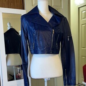 bebe Cropped Blue Leather Jacket